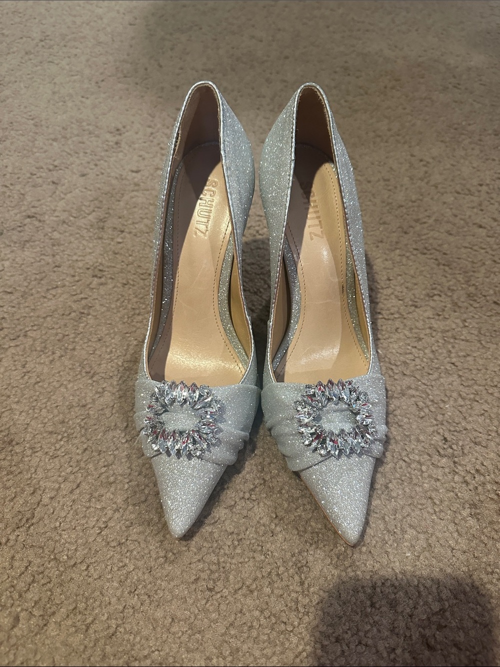 SCHUTZ Silver Glitter Pointed Crystal-Embellished Pumps with Rhinestone Buckle
